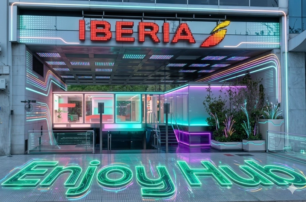 Exterior de Enjoy Hub — Carlos Pellegrini 1163 con iluminación de neón